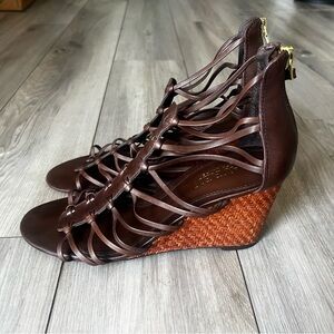Lauren Ralph Lauren Alexandrea Wedge Sandal Brown Leather Strappy Womens 8